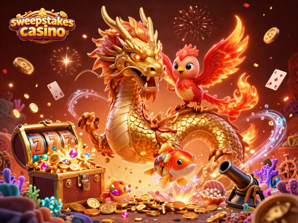 Experience the excitement of a sweepstakes casino with a stunning 3D illustration of mythical creatures and casino elements.