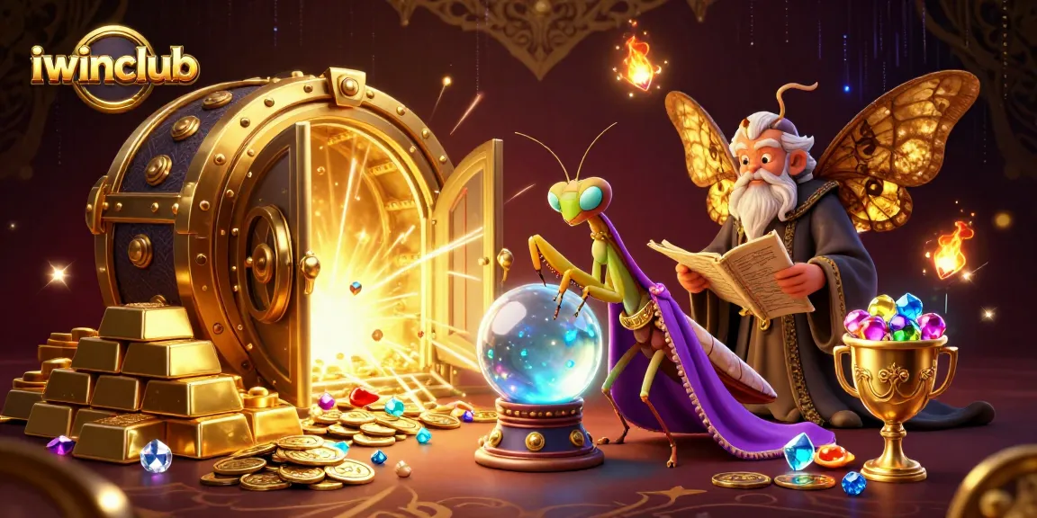 Engage with the iwinclub scene featuring a fortune teller and golden treasures in enchanting 3D art.
