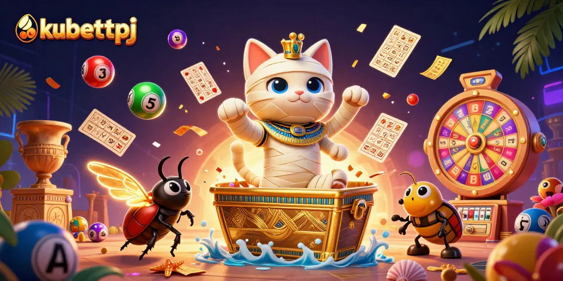 Engage in exciting gaming experiences with kubettpj as a cartoon mummy cat bursts from a sarcophagus in a vibrant casino scene.