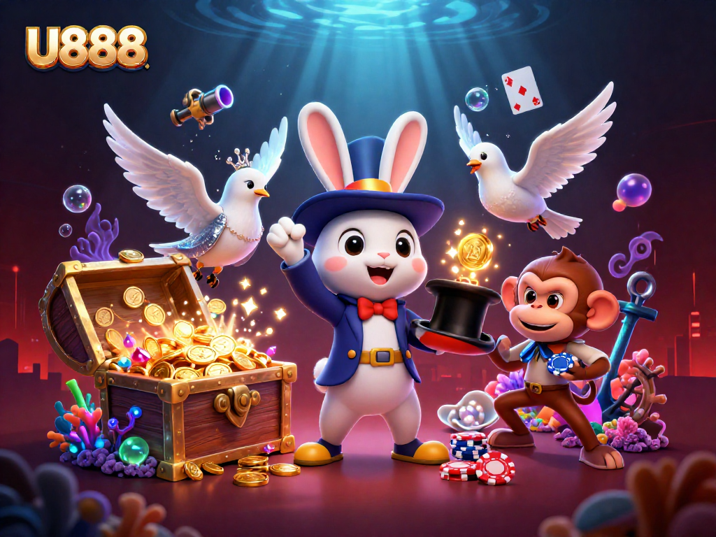 U888 unleashes winning strategies in a vibrant 3D gambling scene with magical elements.