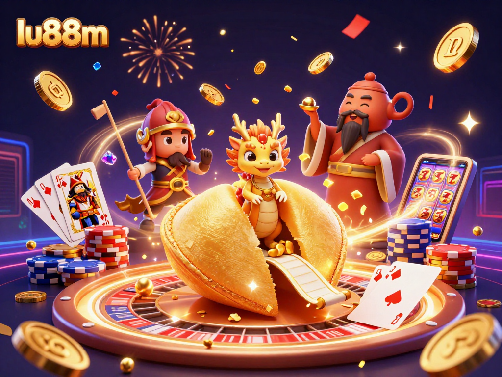 Spin and win with lu88m in a dynamic 3D casino scene featuring gold coins and cards!