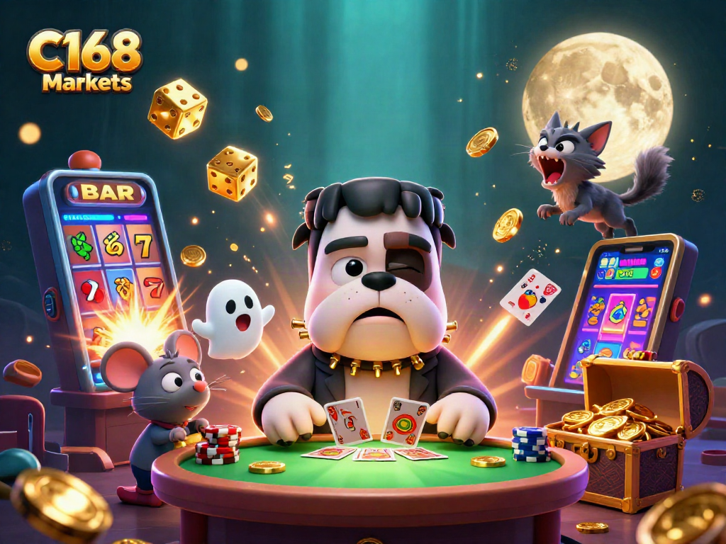 C168 Markets showcases a 3D scene with a Frankenstein bulldog dealing cards at a spooky casino table.