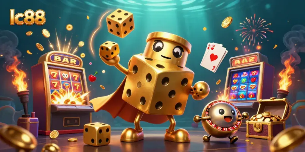 Experience the excitement of lc88 with a golden dice golem in a dynamic casino scene.