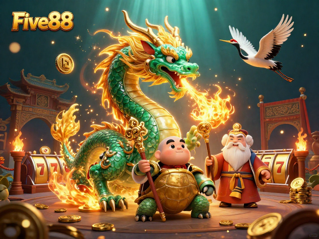 Engage with Five88's dynamic casino scene featuring a jade dragon and slot reels in action.