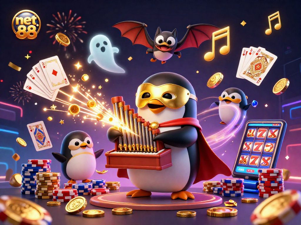 Experience net 88 with a dynamic casino scene featuring a penguin organist and floating treasures.