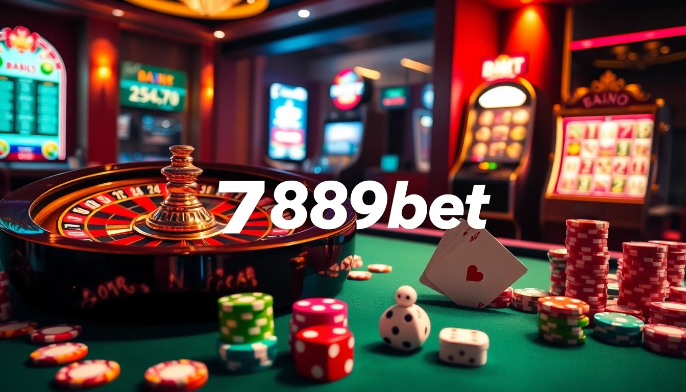 Excitement at a 789bet casino table with poker chips, dice, and a roulette wheel.
