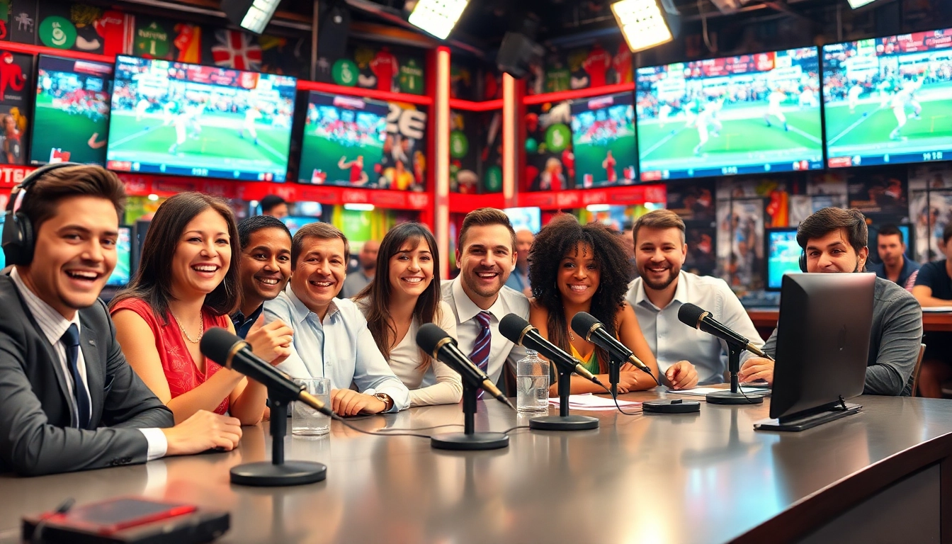 Engaging Sports Broadcasting scene with enthusiastic commentators and live feeds.