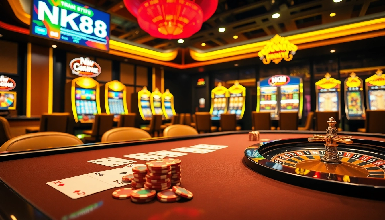 Experience the thrill of nk88 win at an upscale casino with vibrant slot machines and engaging poker tables.