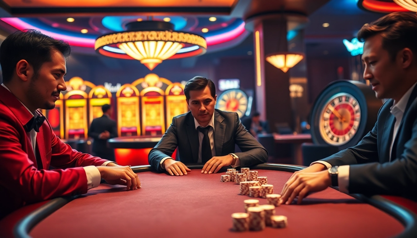 33win players engaging in a professional poker match with casino-themed props.