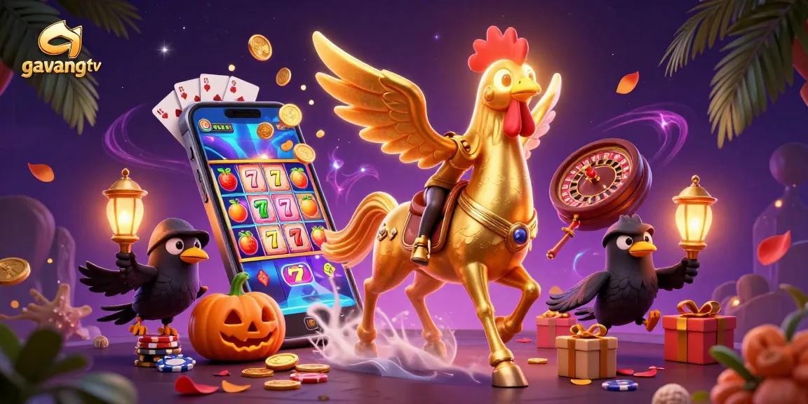 Join the thrilling action at gavangtv with a golden rooster in a magical casino scene filled with slot games!