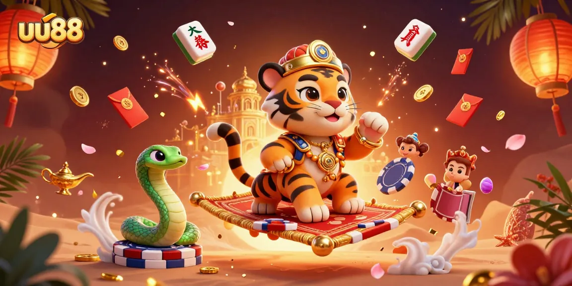 Engage in thrilling gambling adventures at uu88 with a vibrant 3D casino-themed illustration.