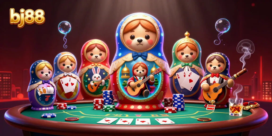 Play exciting casino games with bj88, featuring a dynamic illustration of cheerful bears and poker elements.