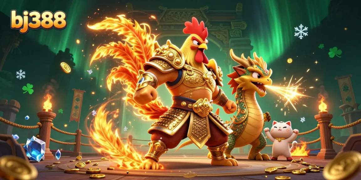 Engage in thrilling games at bj388 with a firey rooster warrior and dragon hatchling in an electrifying atmosphere.