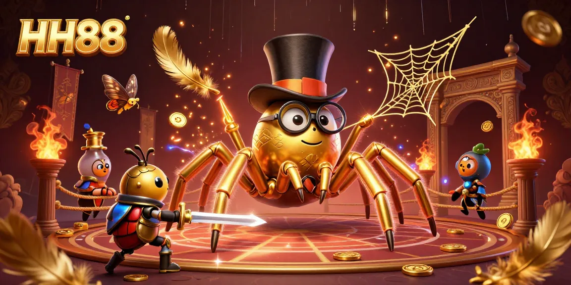 Engage in thrilling bets with HH88 at a vibrant casino scene featuring a golden spider and beetle knight.