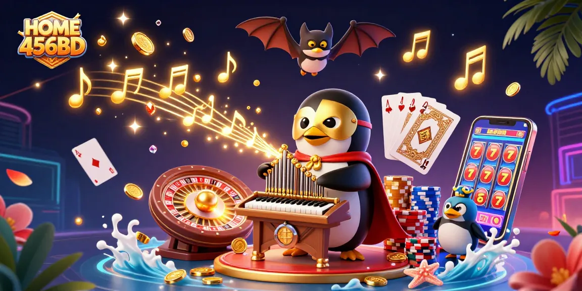 Engage with the excitement of HOME 456BD through a vibrant casino-themed illustration filled with characters and game elements.