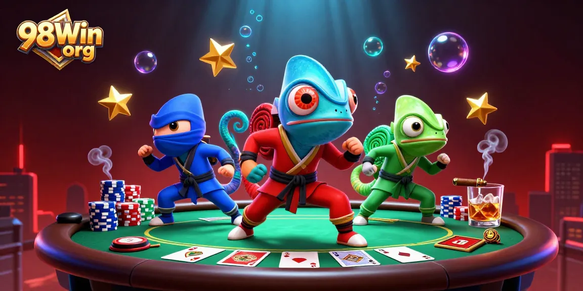 Engage in thrilling gameplay with 98Win org's vibrant poker scene featuring dynamic chameleon ninjas.