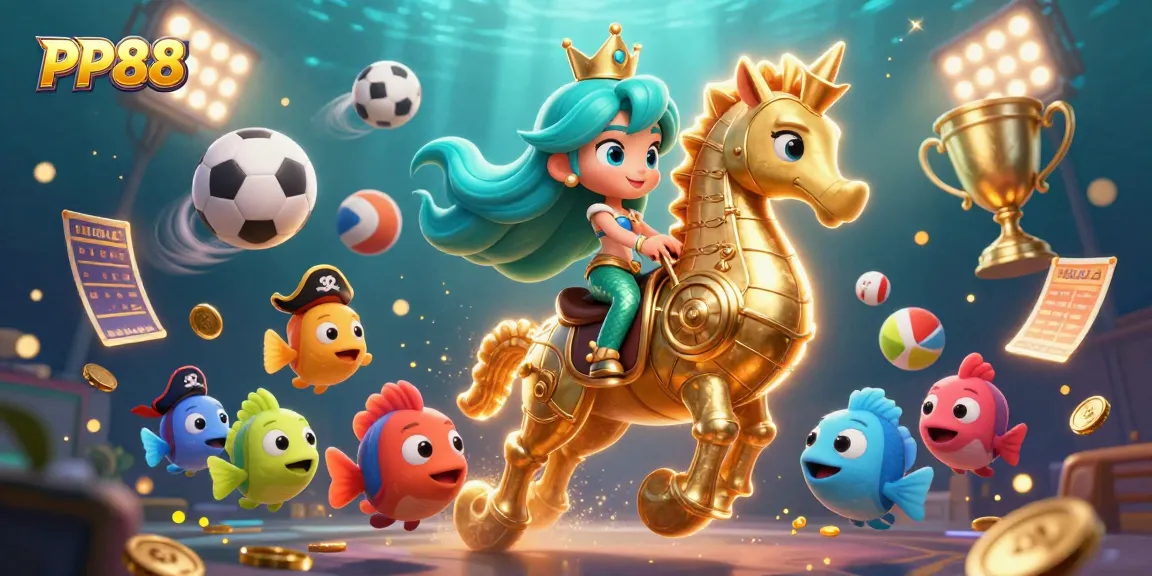 PP88 online casino scene featuring a colorful mermaid, seahorse, and betting elements.