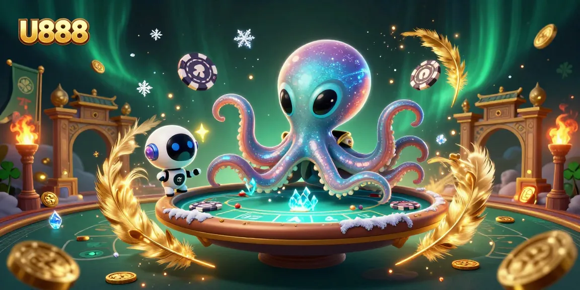 Experience the excitement of U888 with a detailed 3D illustration featuring an alien octopus at a holographic poker table.