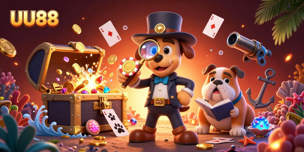 UU88 reveals thrilling poker adventures with a detective cartoon scene filled with treasure and fun.