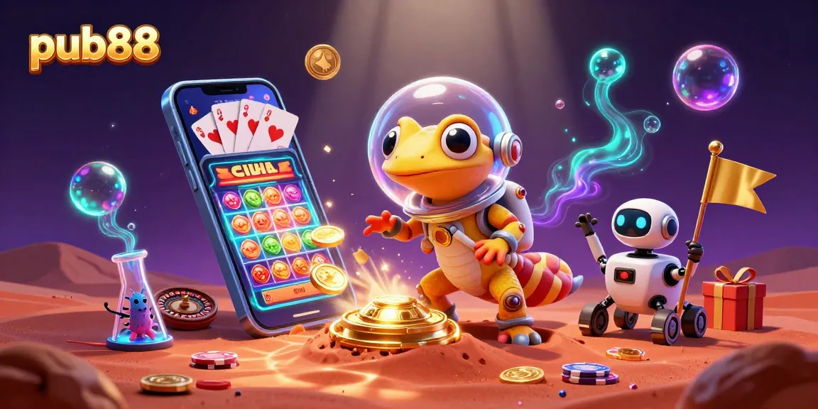Experience thrilling gameplay at pub88 with a Martian gecko discovering a golden casino.