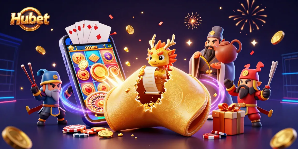 Engage with Hubet's vibrant casino action featuring a golden fortune cookie, dragon, and gaming elements.