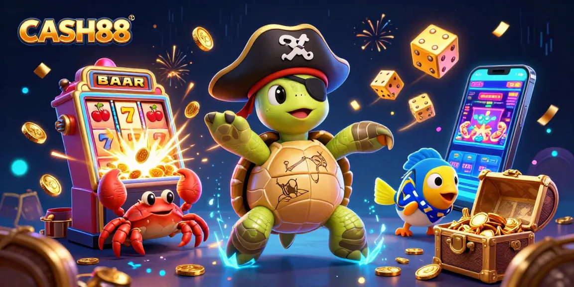 CASH88 entices players with vibrant, cartoon-style casino scenes bursting with slot machine action and treasure.