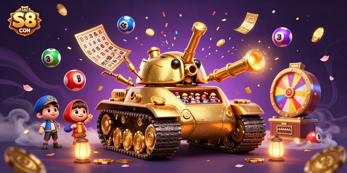S8 COM showcases a vibrant 3D casino world with animated lottery balls and confetti.
