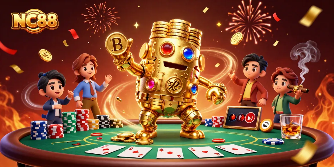Experience epic wins with NC88's golden golem amid a vibrant poker scene.