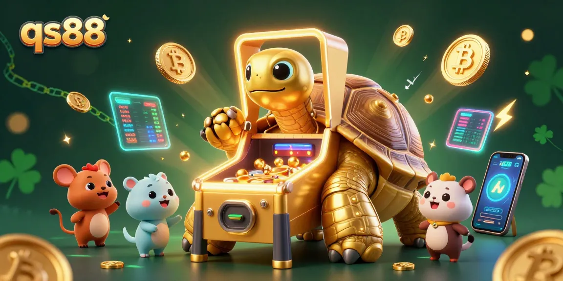 Join the excitement at qs88 with a golden tortoise pinball machine and vibrant crypto elements!