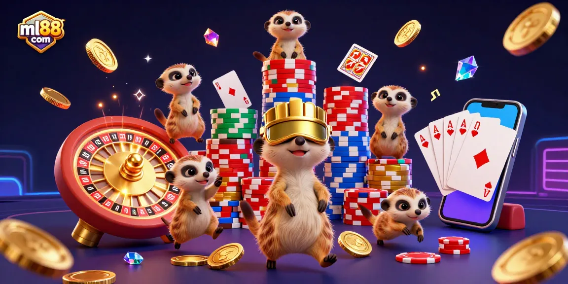 Engage with the vibrant 3D casino scene featuring meerkats in action at ml88 com, with dynamic gaming elements.