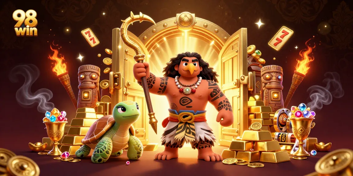 Experience the thrill of 98 win with vibrant golden treasures and action-packed gaming elements in this immersive scene.