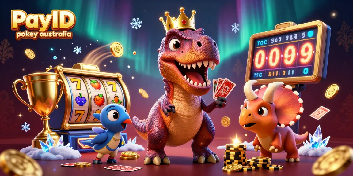Engaging scene of PayID pokies australia with animated characters enjoying slots, shimmering coins, and vibrant decorations.