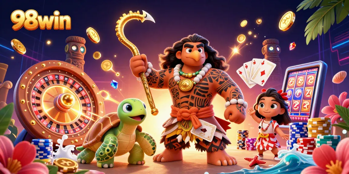 Experience thrilling gaming action with 98win, featuring vibrant characters and dynamic casino elements.