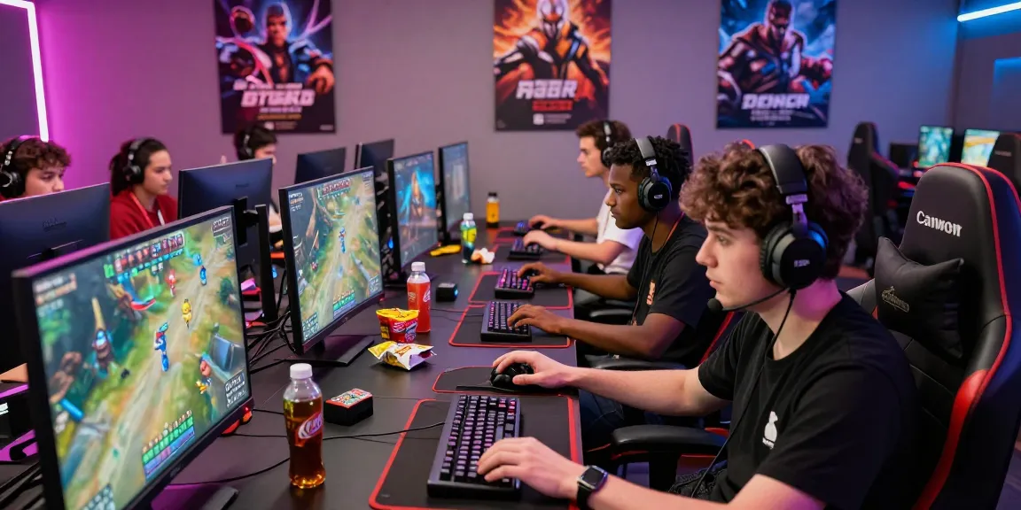 Esports competition at ProPlay88 with diverse gamers immersed in a thrilling showdown, vibrant lighting, and multiple screens showcasing action.