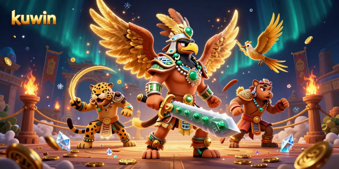 Kuwin online casino showcases an Aztec warrior battling in an exciting, vibrant gaming scene.