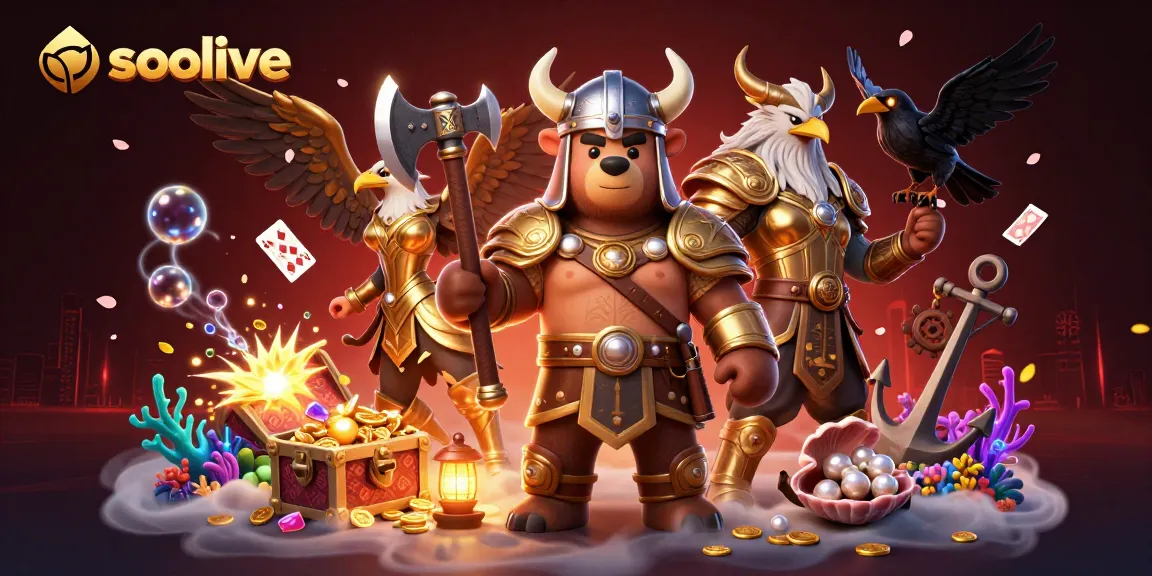 Socolive showcases an engaging illustration featuring a Viking bear and Valkyrie eagle against a dazzling backdrop of treasure and gaming elements.