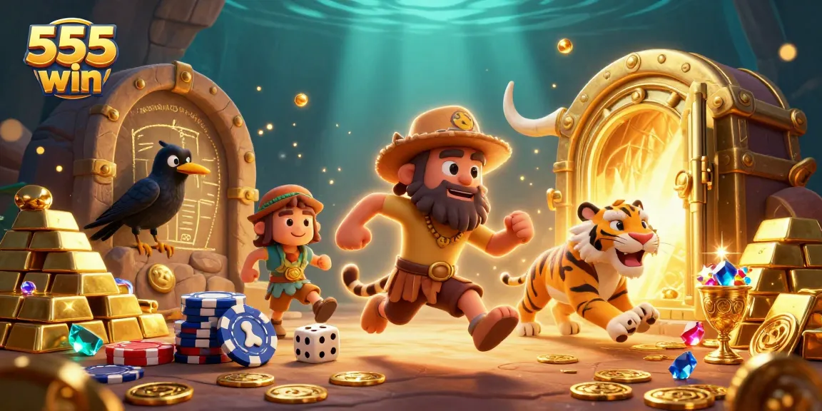 Experience slots excitement at 555 win with a dynamic prehistoric casino scene featuring cartoon characters.