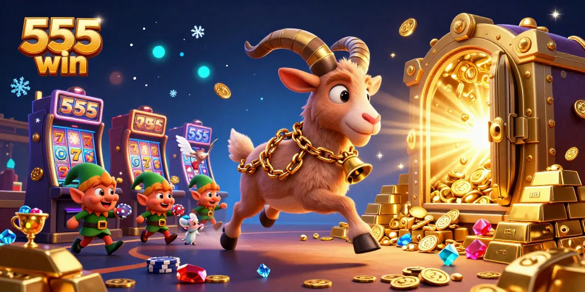 Experience thrilling excitement at 555 win with dynamic slot reels and festive characters in a vibrant casino.