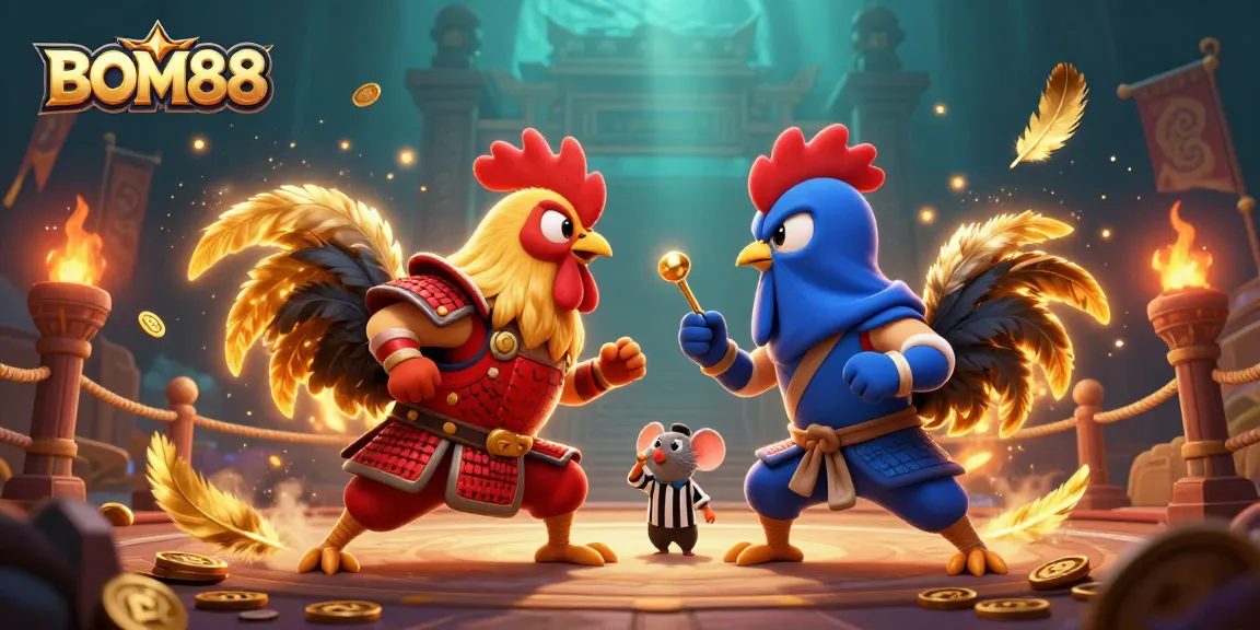 BOM88 showcases dynamic cartoon roosters in an action-packed casino-themed showdown, amidst golden coins and vibrant elements.