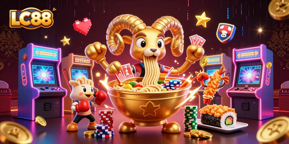 Engage with LC88's thrilling casino scene showcasing games, vibrant colors, and dynamic characters.