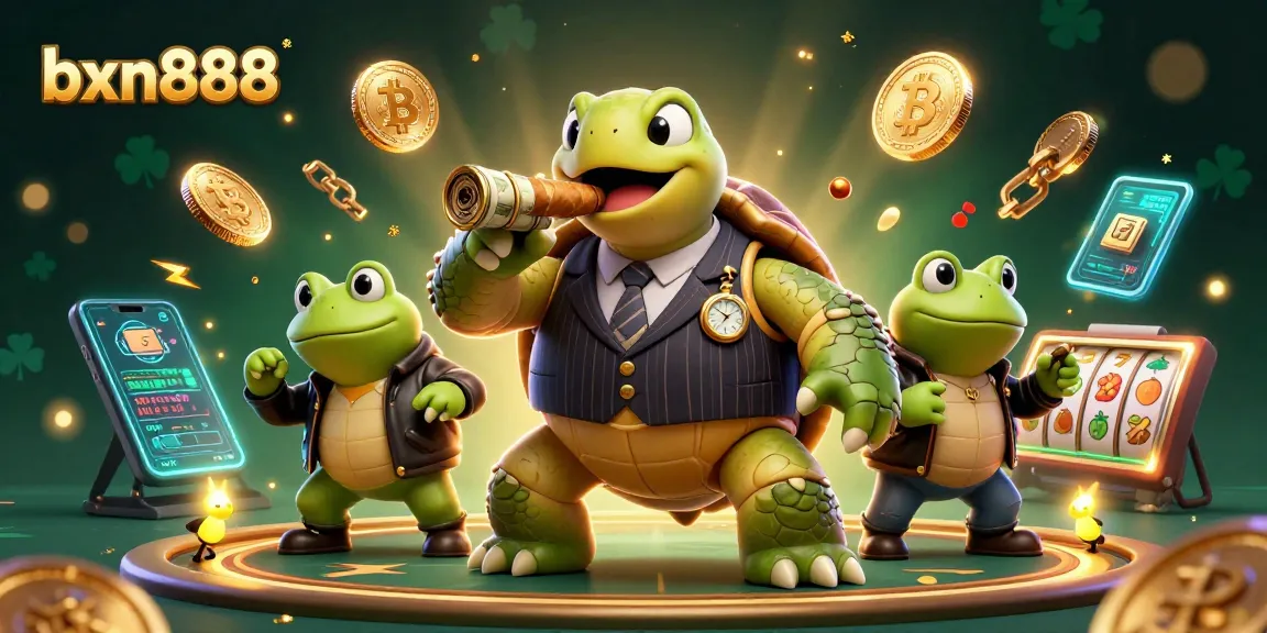 Engage with bxn888's vibrant gaming scene featuring animated casino characters and crypto symbols.