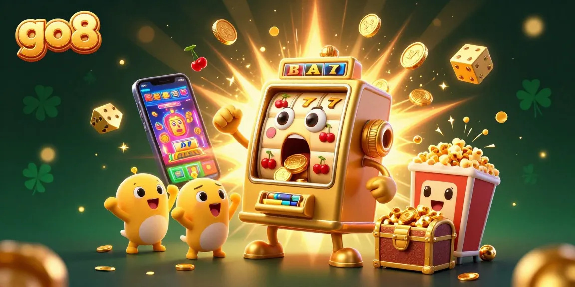 go8 slot machine celebrates its jackpot win with coins bursting out, creating a festive casino atmosphere.