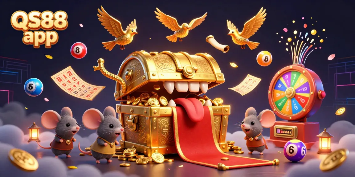 Join the adventure with the QS88 app as golden treasures and lottery balls abound in this vibrant casino scene.