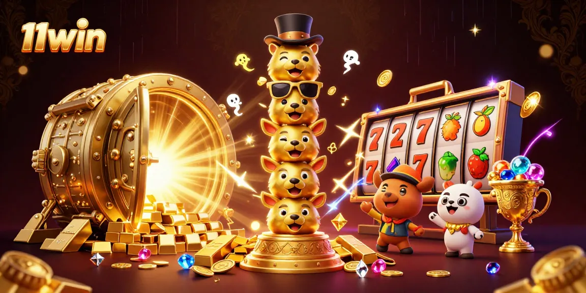 Spin the reels with 11win's vibrant 3D casino illustration showcasing exciting treasures and characters.