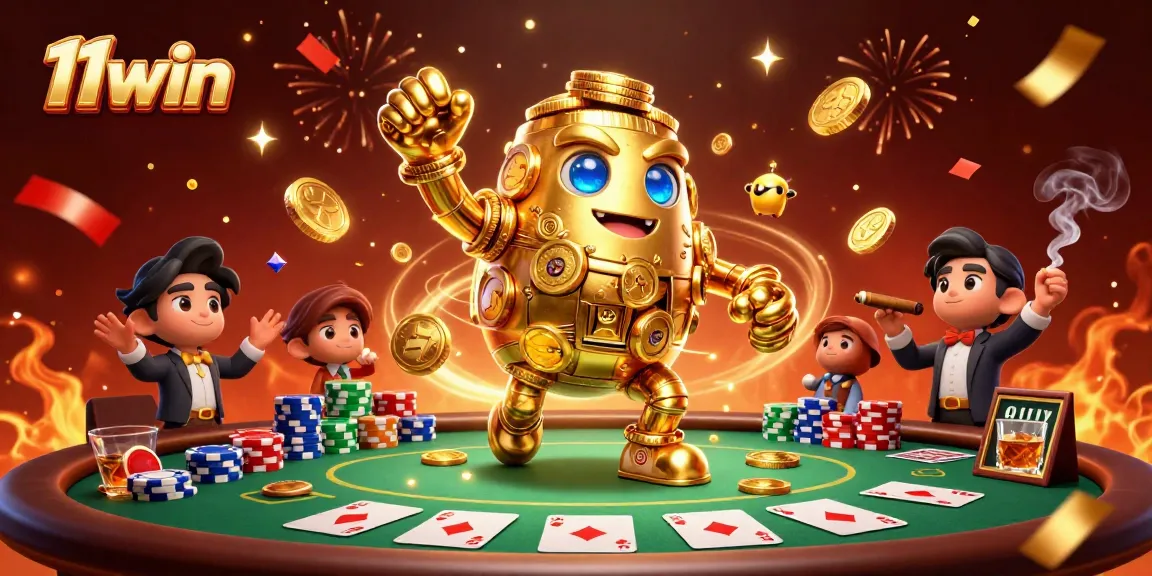 Play poker at 11win, featuring a golden golem amid vibrant casino elements.
