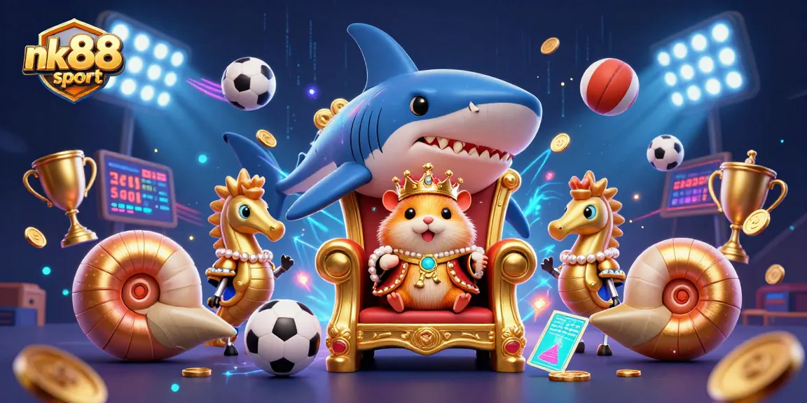 Join the action at nk88sport with an exciting casino scene showcasing a fierce hamster king and vibrant gaming elements.