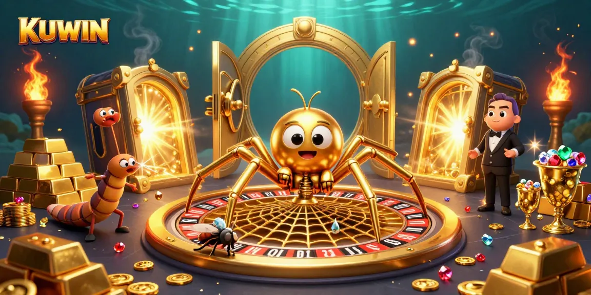 Place bets at KUWIN’s roulette wheel with a golden spider and centipede croupier in a dynamic casino scene.