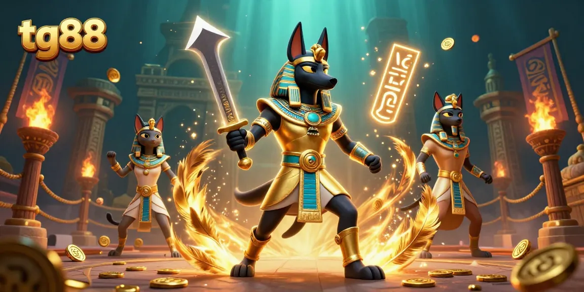 Play thrilling games at tg88, showcased with Anubis and Bastet in dynamic casino setting.