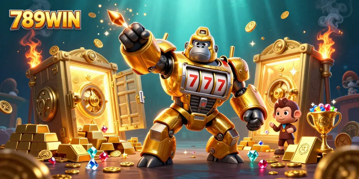 Unleash thrilling jackpots with 789WIN's vibrant slot games amidst a treasure-filled 3D scene.