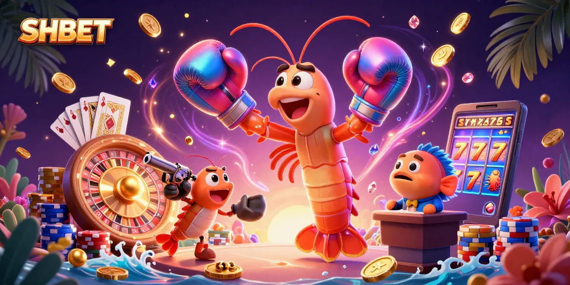 Experience excitement at SHBET with vibrant 3D characters, casino elements, and dynamic gaming scenes.